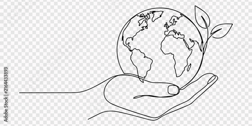 Bild auf Leinwand Continuous single line drawing of a human hand holding a globe earth with green