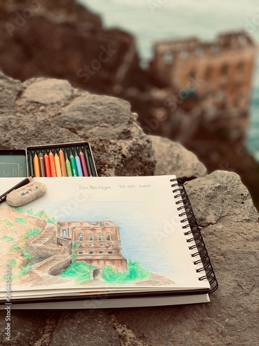 Drawing of Casa Hamilton Ruin in Sketchbook with Colored Pencils in Tenerife