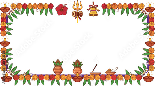 Traditional indian festive border frame with marigold flowers and decorative elements for celebration and cultural events