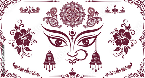 Artistic illustration of goddess durga eyes with traditional floral motifs and decorative borders for indian festival design