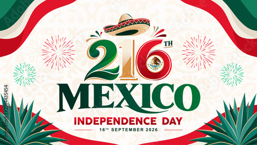 Mexico Independence Day September 16 vector background featuring 216th anniversary numbers, national flag frame, sombrero, agave leaves, and fireworks display.
