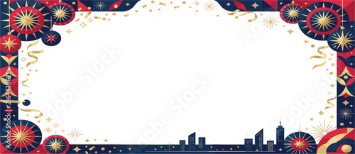 Festive celebration border with colorful fireworks and a city skyline silhouette on a white background