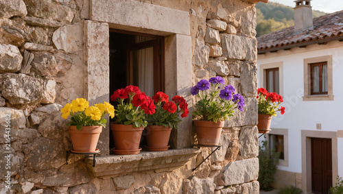 Stone House Window with Colorful Potted Flowers in Sunlight