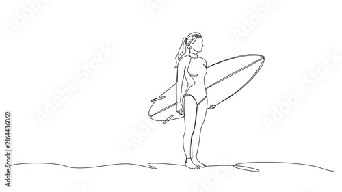 animated continuous line drawing of a young female surfer standing on beach holding a surfboard, looking out towards the ocean, line art animation