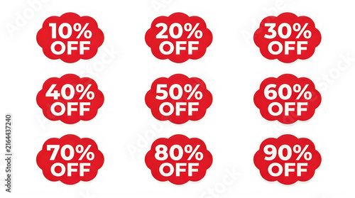 Set of red discount price tags with percentage off labels for retail sales and marketing.
