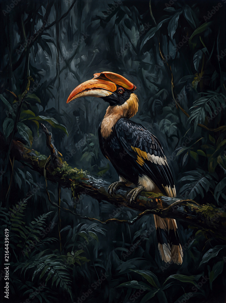 Obraz premium Majestic Great Hornbill Portrait in Lush Rainforest Habitat Exotic Bird Wildlife Photography Digital Art Illustration Deep Jungle Foliage Dark Moody Atmosphere Detailed Plumage Tropical Ecosystem Wild