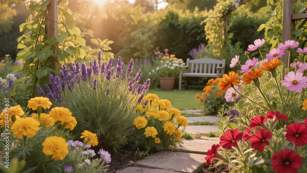 Fototapeta premium Sunny Garden Path with Colorful Flowers and Wooden Bench
