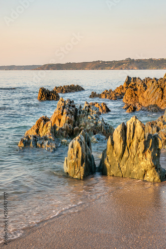View of rocks on Beg Douar beach near Lannion, Côtes d'Armor, Brittany landscape, France