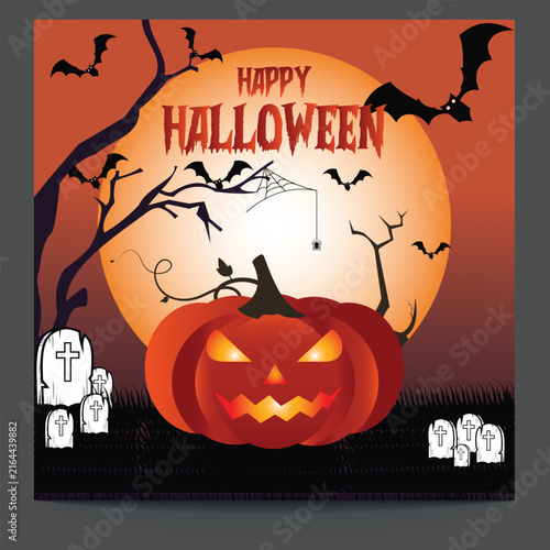 Happy Halloween poster design. Template social media. Cute posters for sale. Trendy modern illustration with pumpkins, ghost, bat, spider web, autumn leaves and typography design.