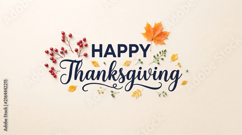 Happy Thanksgiving text with autumn leaves and berries, symbolizing harvest, gratitude, and seasonal celebration, perfect for holiday greetings.