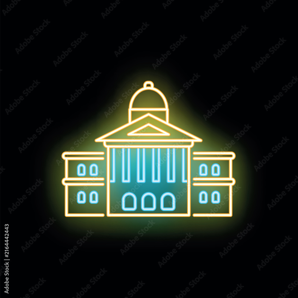 Fototapeta premium Capitol building icon glowing in yellow and blue neon light on dark background