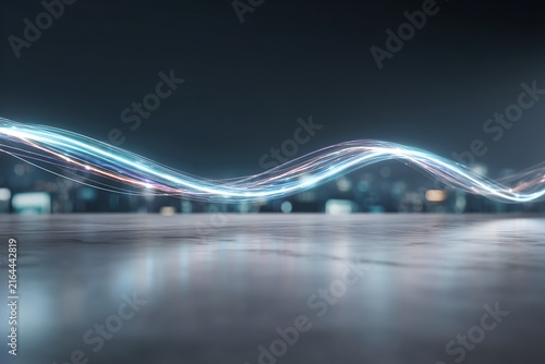 Abstract digital light streaks flowing across a dark, urban landscape with bokeh lights in the background. The streaks are illuminated with blue, white, and red light.