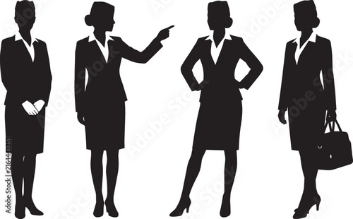 Flight Attendants Silhouette Set in Uniform with Luggage and Directing Gesture

Set of four black silhouettes of flight attendants in blazer uniforms and pillbox-style caps, shown standing,