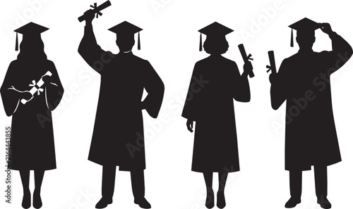 Graduates Silhouette Set with Raised Diploma and Adjusting Cap

Set of four black silhouettes of graduates in caps and gowns, including a raised diploma with ribbon, a rear-view pose,