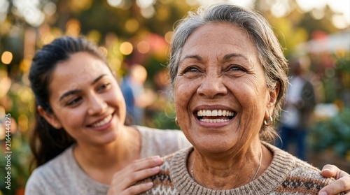 A joyfully laughing elderly woman with perfect white teeth is warmly embraced by a smiling young woman outdoors, dental health, confident smile, dentures concept, generational joy.