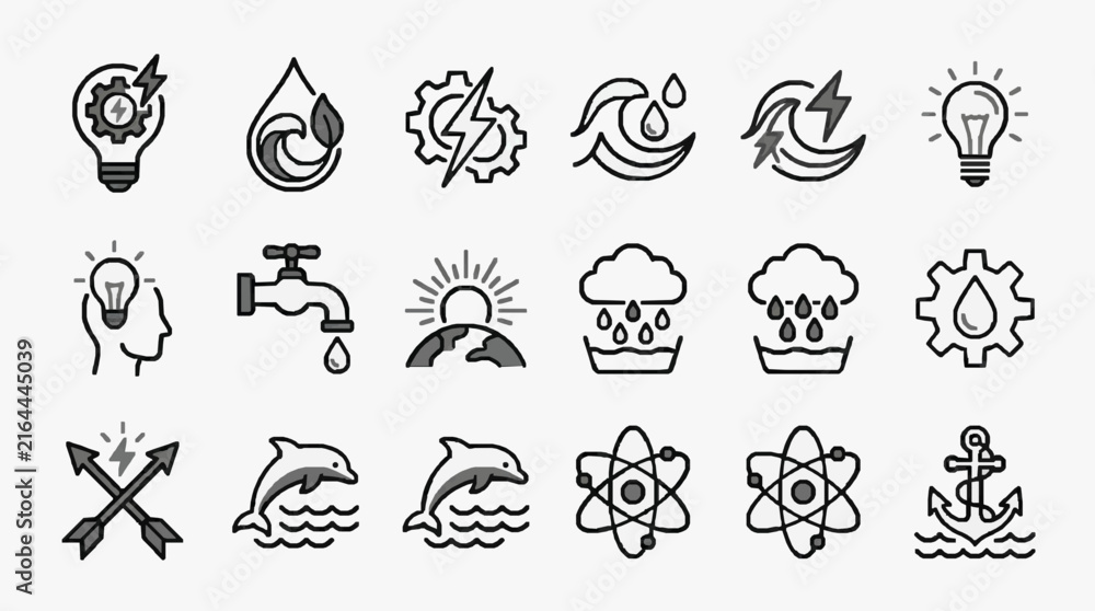 Fototapeta premium Clean Black and White Line Icons Set Featuring Energy Water Innovation Science and Nature Symbols