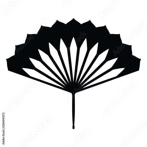 A detailed fan shape is presented as a stark black silhouette