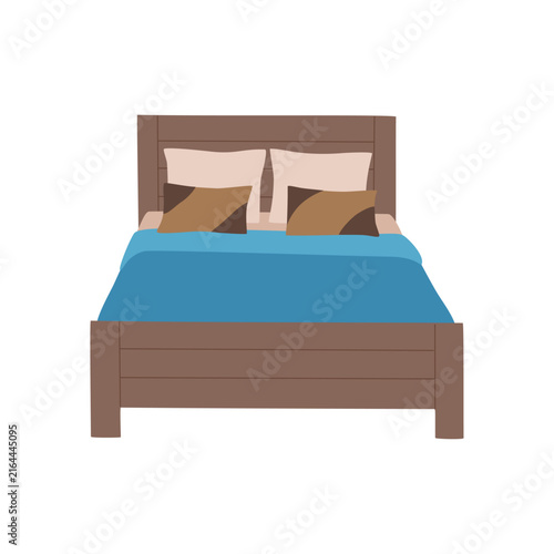 Double wooden bed with pillows and blanket. Modern comfortable bedroom furniture in scandinavian style. Hand drawn vector illustration isolated on white background, flat cartoon style.