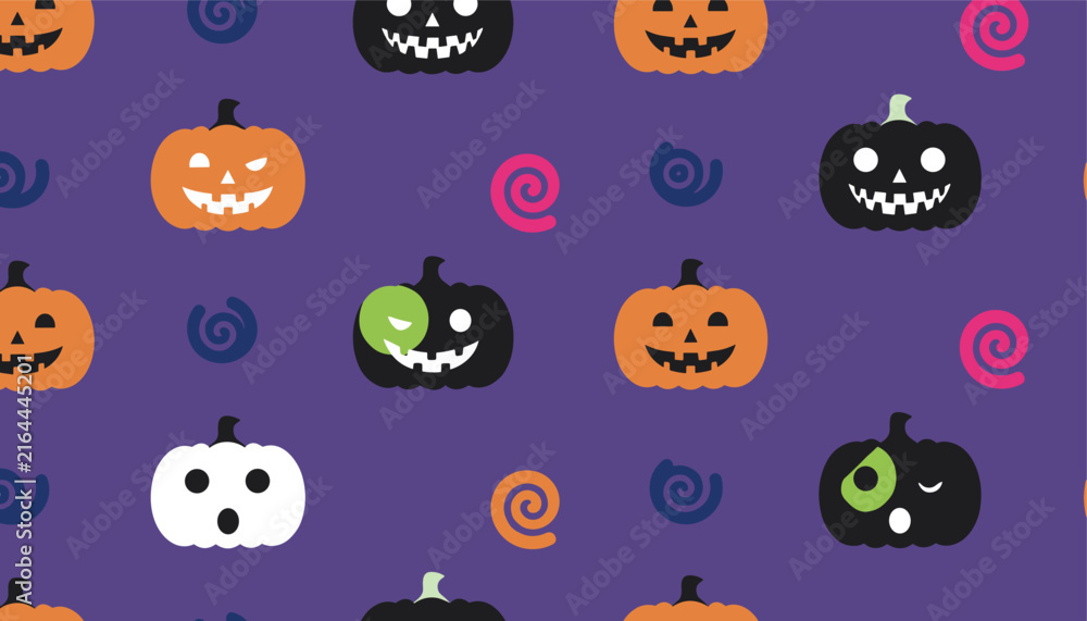Obraz premium Seamless pattern of spooky Halloween pumpkins with different expressions and colorful swirls on purple background.