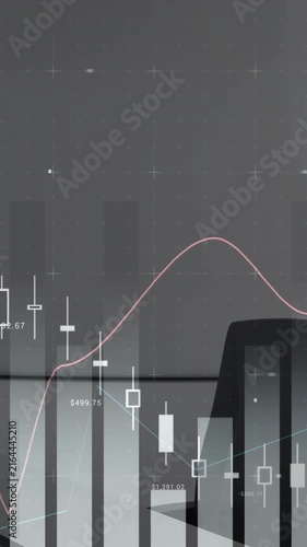 Animation of financial data processing over empty office