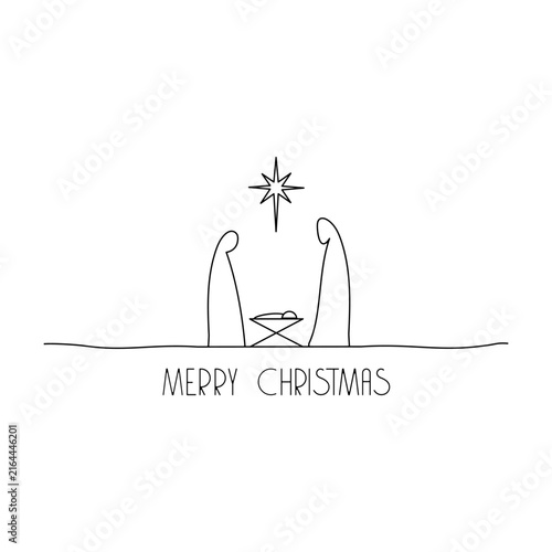 Vector icon of a Christmas nativity scene. Linear outline image of Mary and Joseph praying before the baby Jesus in the manger. Perfect for religious holiday greeting cards, minimalist church graphics
