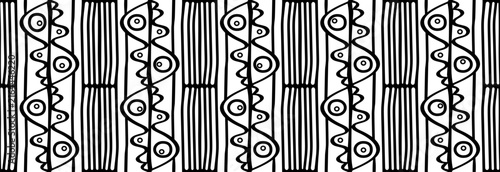 Minimalist black and white seamless pattern featuring hand-drawn African tribal ornaments, wavy lines, and stylized ethnic eye symbols on a white background. Ideal for bohemian textile prints, wallpap