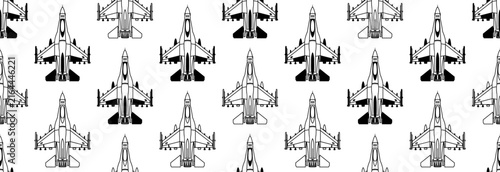 Seamless pattern with repeating illustrations of modern military jet fighters in top view on a solid white background. Perfect for air force graphics, game backgrounds, military apparel textile prints