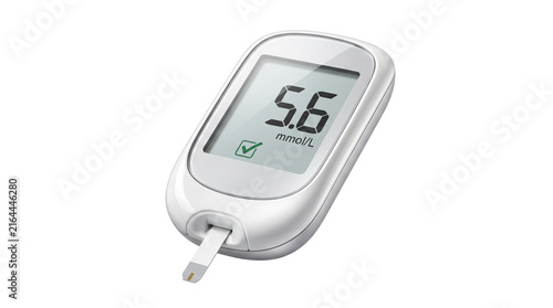 Blood Glucose Meter Displaying 5.6: A modern blood glucose meter sits ready for use, its screen displaying a reading of 5.6 mmol/L, indicating health monitoring.