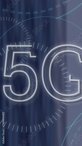5G text animation over futuristic circular interface elements in digital display