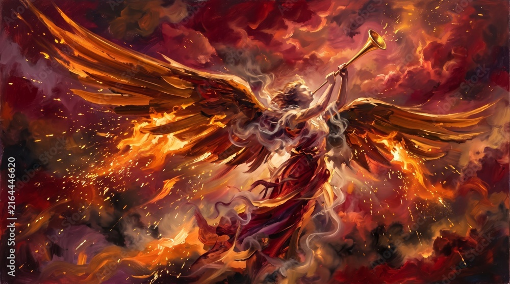 Naklejka premium angel raising a golden trumpet amid flames and wings
