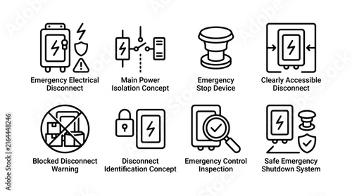 Emergency electrical disconnect vector icons set displaying industrial power isolation safety symbols and maintenance shut down procedures for manufacturing systems