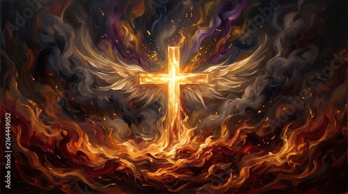 radiant cross emerging from rising flames