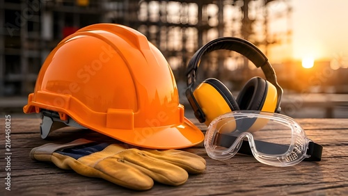 Personal protective equipment set with orange hard hat goggles earmuffs and gloves on wooden table at construction site