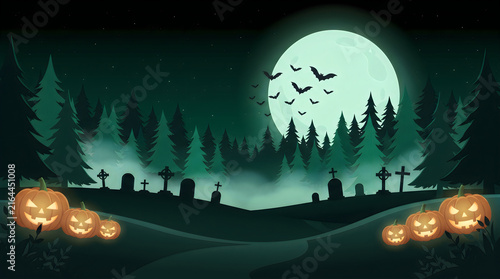 Spooky Halloween Cemetery Forest Night Full Moon Background
