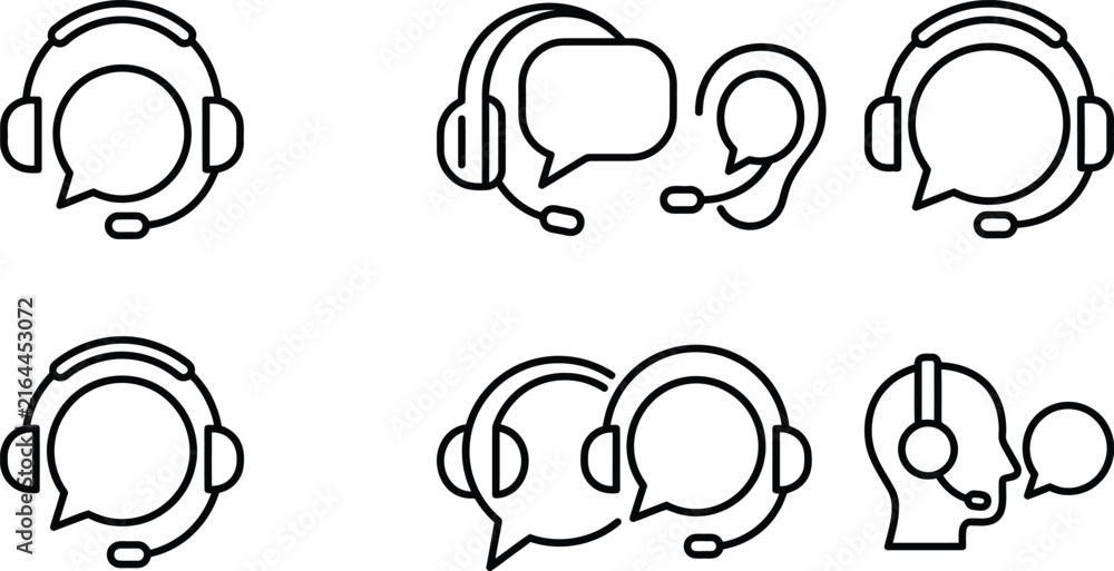 Fototapeta premium Customer service headset icons, call center support line art vector set, telemarketing communication symbols for help desk