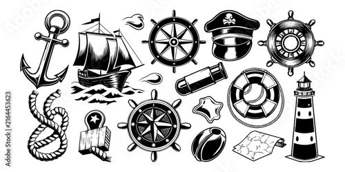 Nautical Elements Set Vintage Woodcut Style Vector Illustration