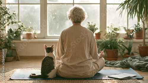 Senior woman meditating peacefully on yoga mat with cat companion indoors