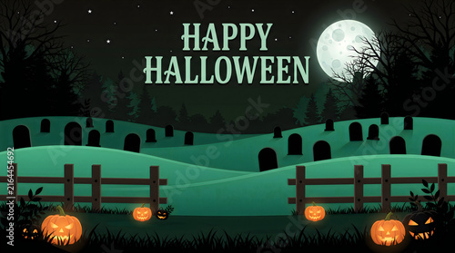 Spooky Happy Halloween Cemetery Field Night Full Moon Background