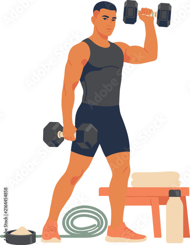 Flat illustration of a muscular young man exercising with heavy dumbbells at the gym
