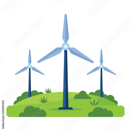 Wind turbine set icon showing three turbines on green landscape