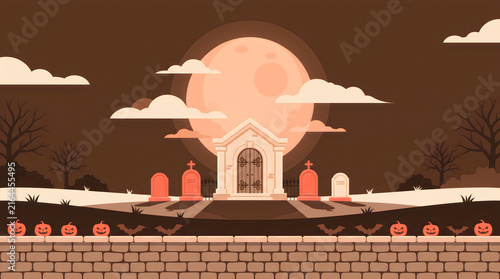 Fototapeta Flat Vector Halloween Cemetery Crypt and Full Moon Background