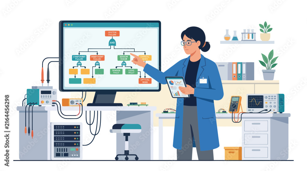 Naklejka premium Engineer explaining technical flowchart on large monitor.
