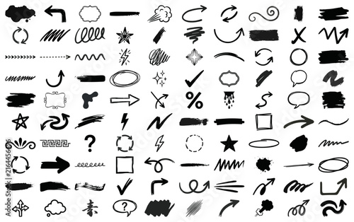 Hand drawn doodle elements collection with arrows, shapes, and brush strokes. Set of sketch markers, speech bubbles, frames, and abstract symbols for creative branding, social media, and web design