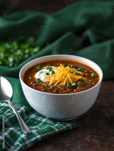 Hearty Bean Chili with Toppings in a White Bowl on a Dark Surface