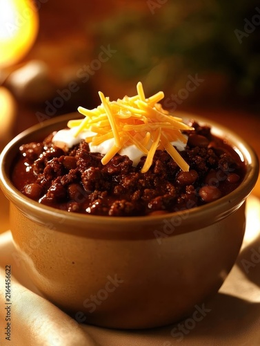 Delicious Bowl of Homemade Chili with Cheese and Sour Cream Topping