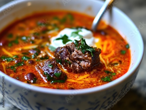 Delicious Bowl of Hearty Spicy Beef Soup with Fresh Herbs and Cream