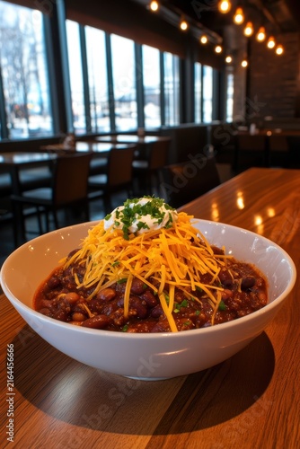 Colorful Bowl of Chili with Cheese and Toppings on Wooden Table