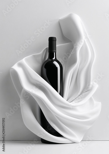 Dark glass wine bottle wrapped in elegant white flowing fabric