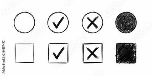 Hand drawn brush stroke check mark and cross icon set in circle and square frames for survey and checklist interface.