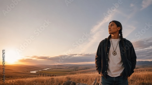 Confident Indigenous Young Adult in Expansive Prairie Landscape at Sunrise